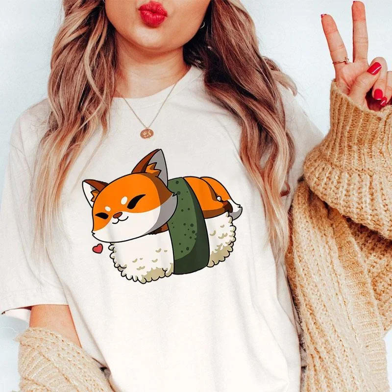 Harajuku T-shirts Sushi Fox Print Funny Cartoon T Shirt Women Ullzang Fashion T-shirt 90s Kawaii Tshirt Graphic Top Tees Female