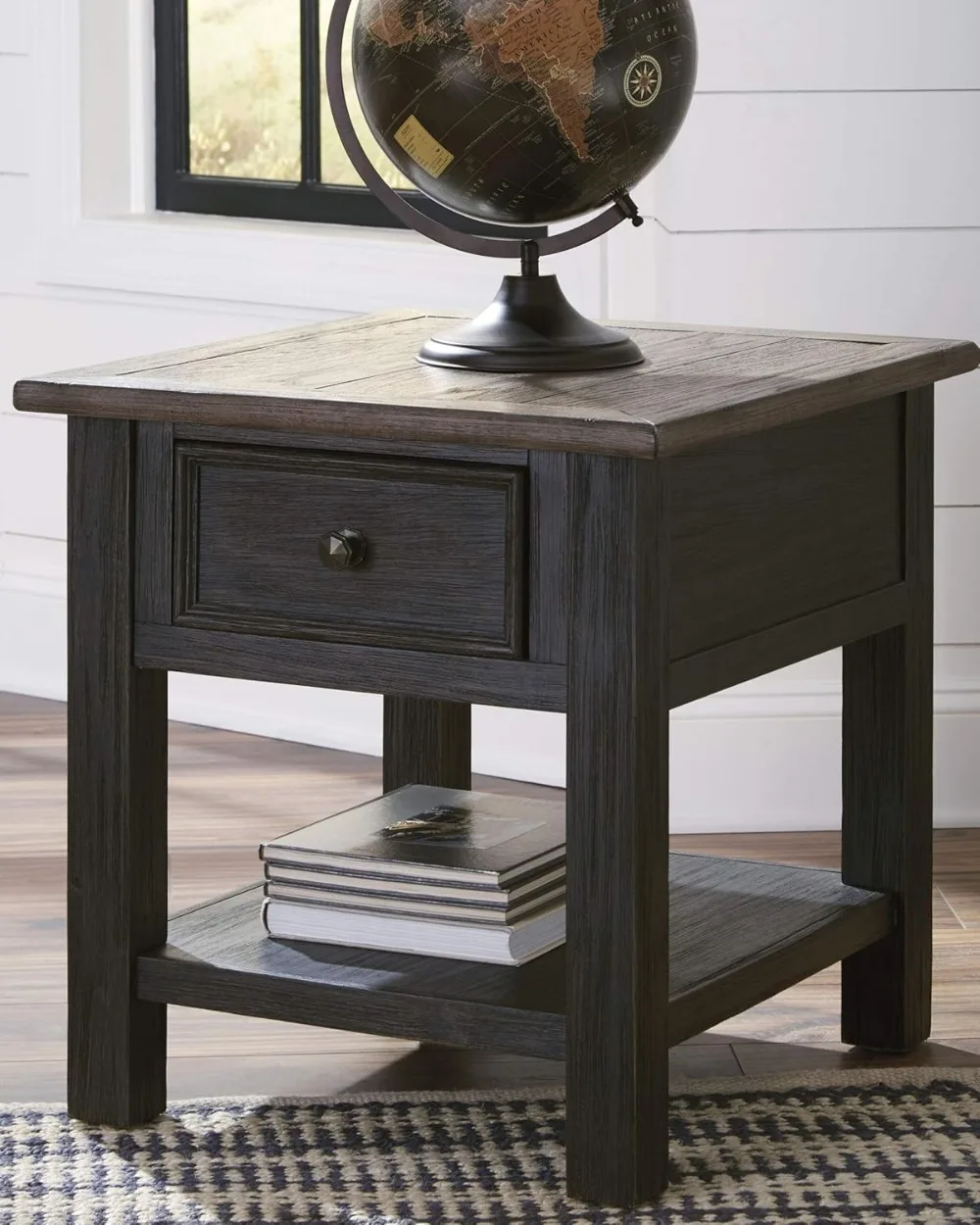 Tyler Creek Rustic End Table with Storage Drawer and Fixed Shelf, Brown & Black