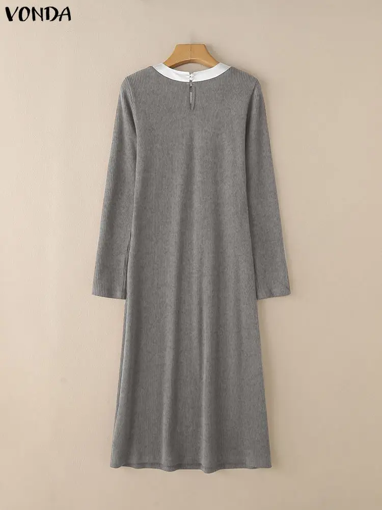 VONDA Women Elegant Party Dresses O-Neck Bow Knitted Sweater Vestidos 2025 Autumn Patchwork Long Sleeve Knitwear Long Shirt Robe