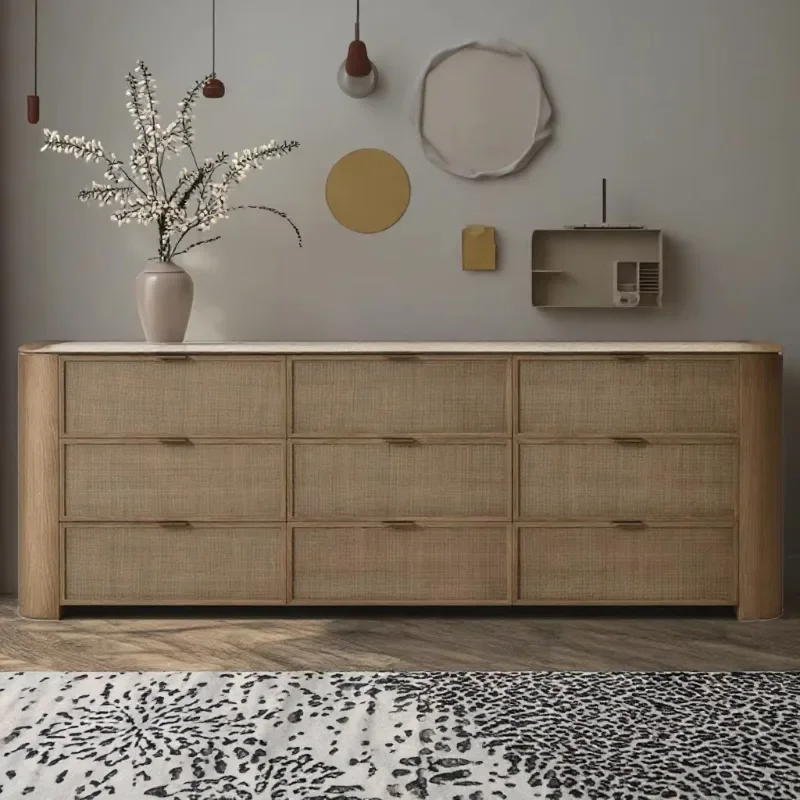 Luxury 9-drawer solid oak dresser, modern travertine top with woven rattan board, solid wood bedroom furniture