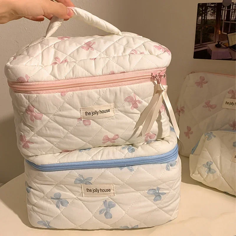 Kawaii Bow Flower Quilting Cotton Makeup Bag Women Zipper Cosmetic Organizer Female Cloth Handbag Portable Toiletry Case Girls