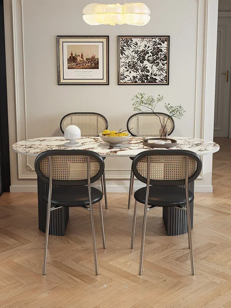 N لوحة حجرية إيطالية طاولة طعام خفيفة فاخرة وبساطة طاولة طعام بولغاري بيضاوية مجموعة طاولات وكراسي لتناول الطعام #3