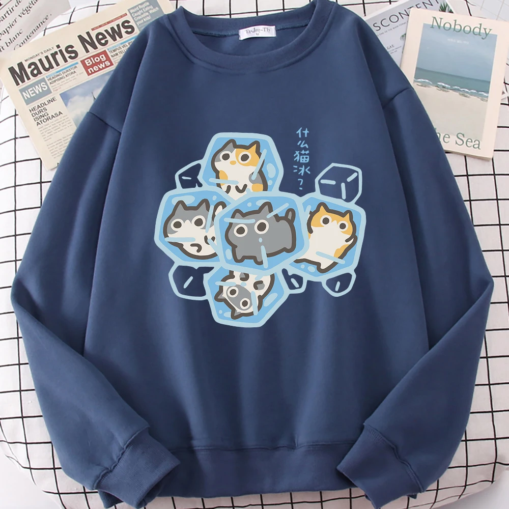 Ice Cat Fun Cartoons Cats Cute Print Sweatshirt Men Women Harajuku Crewneck Hoodie Autumn Prints Sportswear Hip Hop Loose Hoody