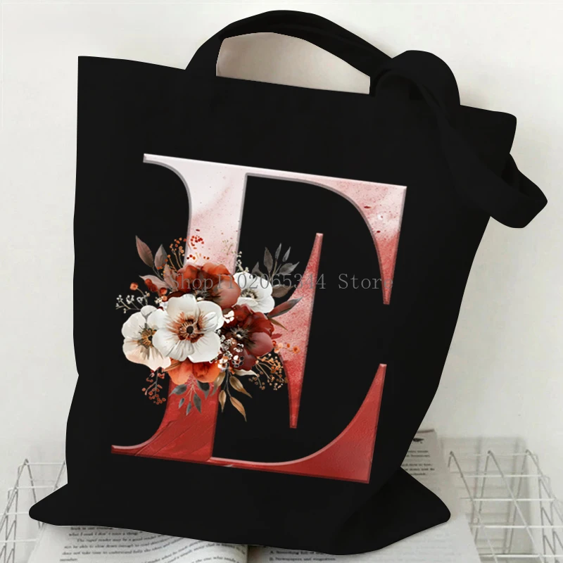 Red Rose Printing 26 Floral Alphabet A-Z Women\'s Handbags Reusable Soft Canvas Shopping Bags Fashion Vintage Letter Shoulder Bag