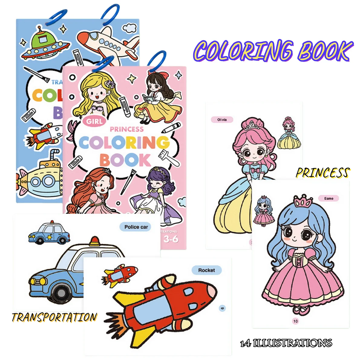 14 Illustrations Removable Loose-Leaf Ring Princess/Transportation-Themed Illustrations For Creative Coloring Book Drawing