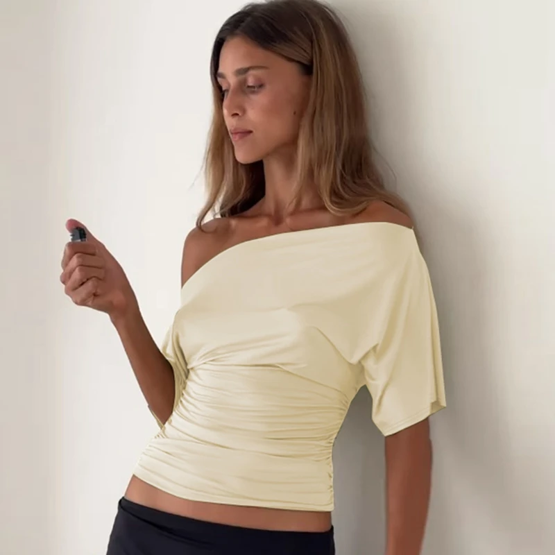 Hugcitar Modisches T-Shirt mit schrägem Kragen, kurzen Ärmeln, einfarbig, sexy, eng anliegend, kurz geschnitten, Damenkleidung, Streetwear, Party, Festival, T-Shirts – Detail 25