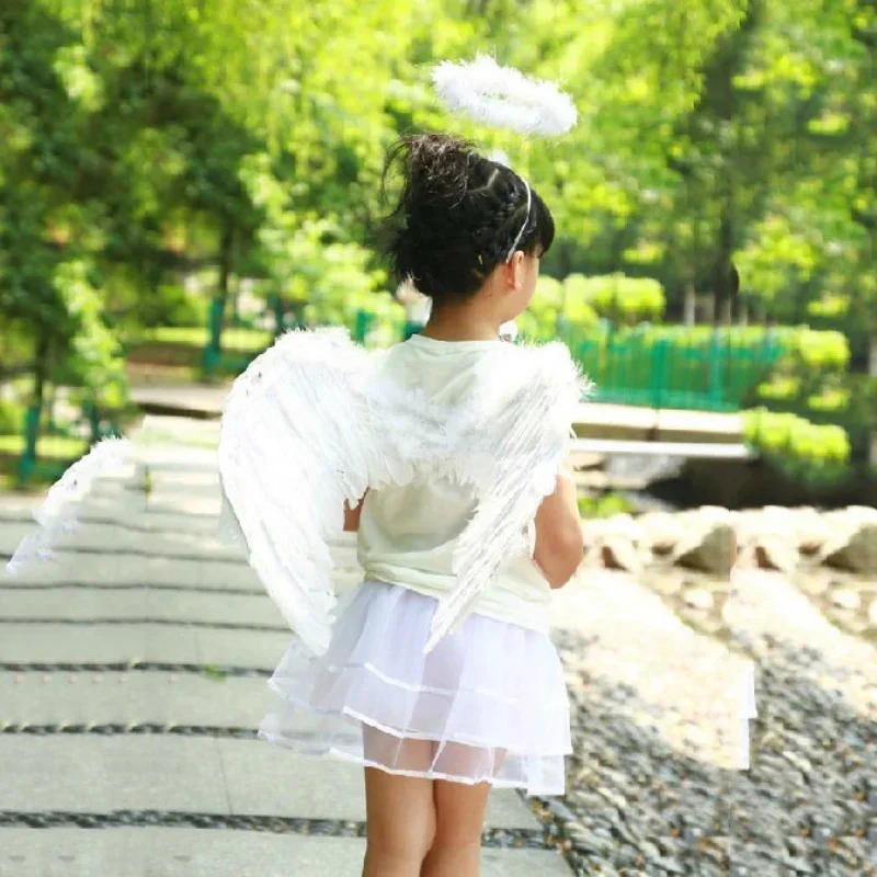 

Angel Fairy Wings Wand Halo Set Fancy White Black Feather Angel Wing with Headband Headwear For Party Favor Decor Supplies #