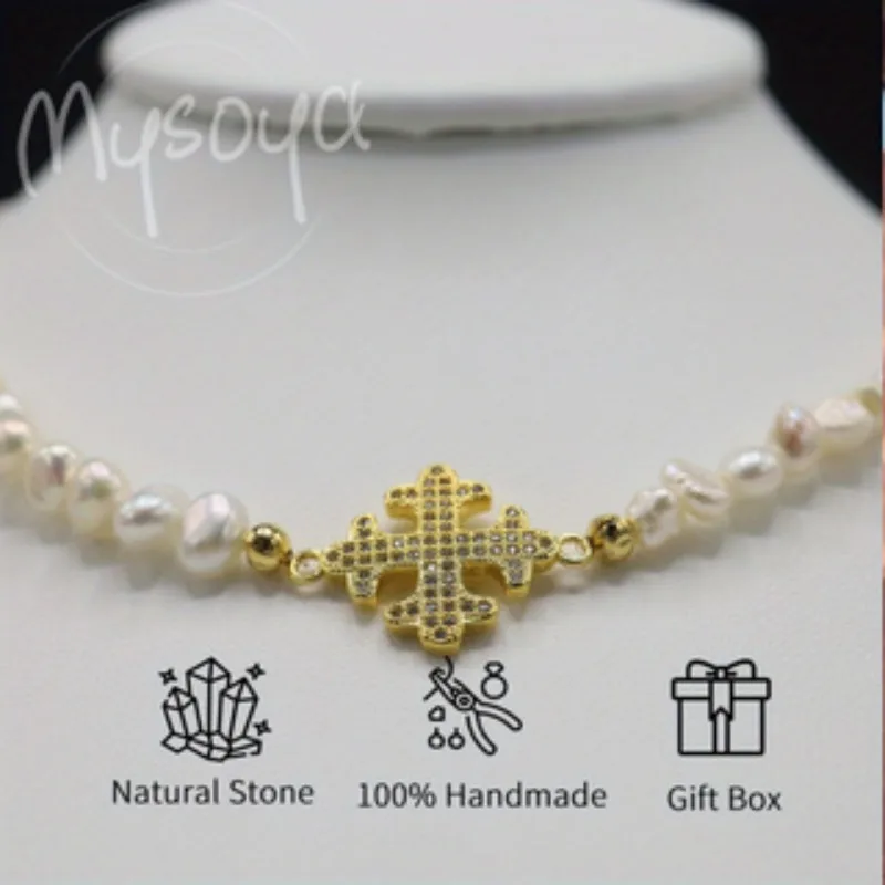 

Mysoya Freshwater Baroque Pearl Necklace with Cross Pendant 5-6mm Pearls A Gift Box for Him Her for Weddings Valentine's Day