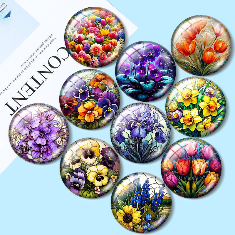 

Watercolor flower pattern 10pcs mixed 12mm/18mm/20mm/25mm Round photo glass cabochon demo flat back Making findings