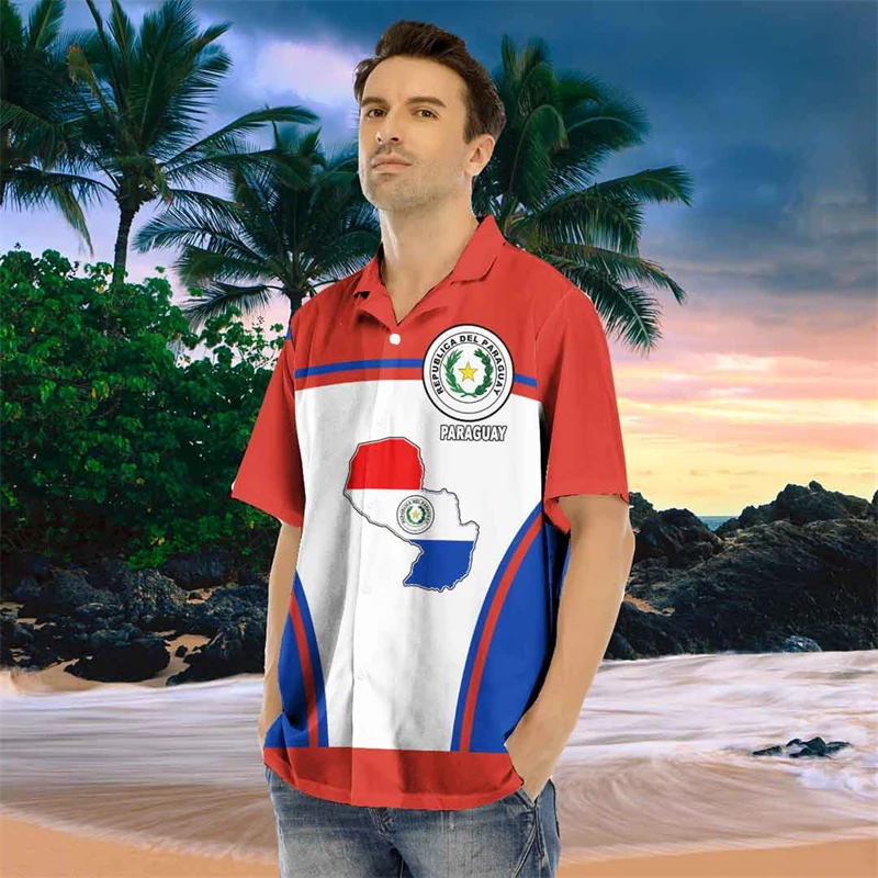 Paraguay Flag Map 3D Print Shirts For Men Clothes Casual Hawaiian Shirt National Emblem Lapel Blouse Coat Of Arms Short Sleeve