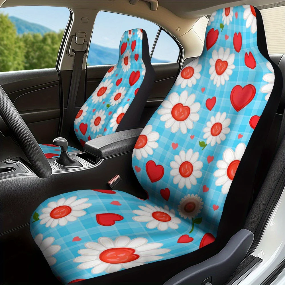 

2pcs Red Heart Daisy Checkered Pattern Car Seat Covers | Elegant Front Seat Covers For Modern Car Design, Universal Fit, Polyest