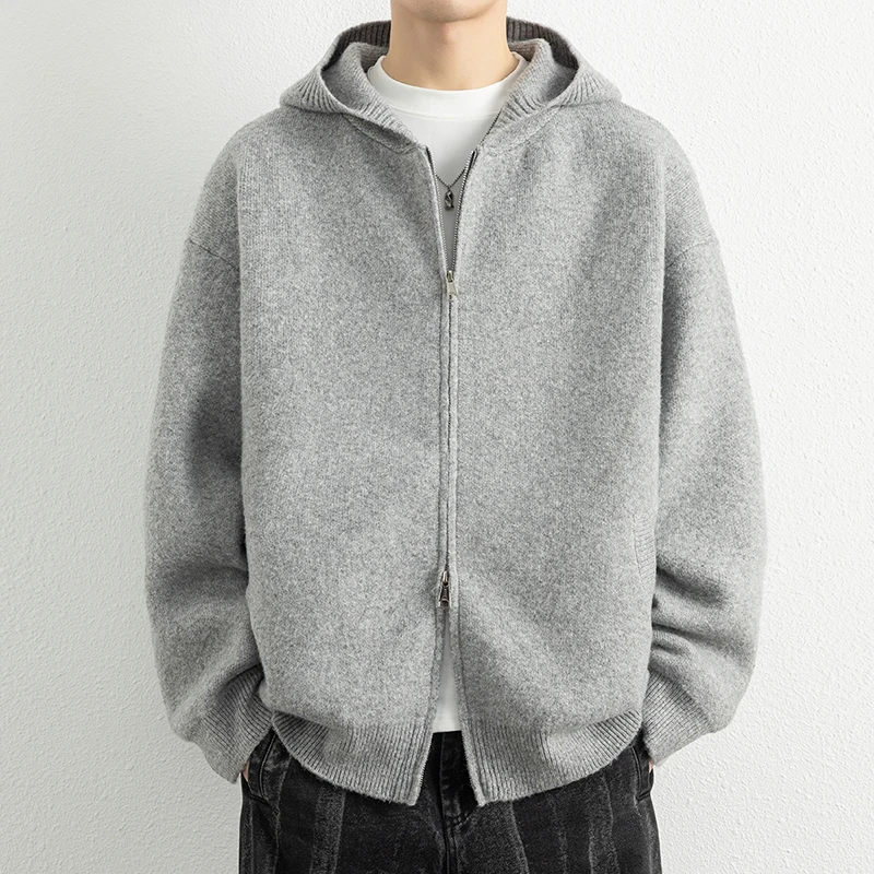 Legible Autumn Winter Casual Sweaters Men Solid Color Hooded Sweatercoats Male Loose Zip-up Knitted Cardigan Man