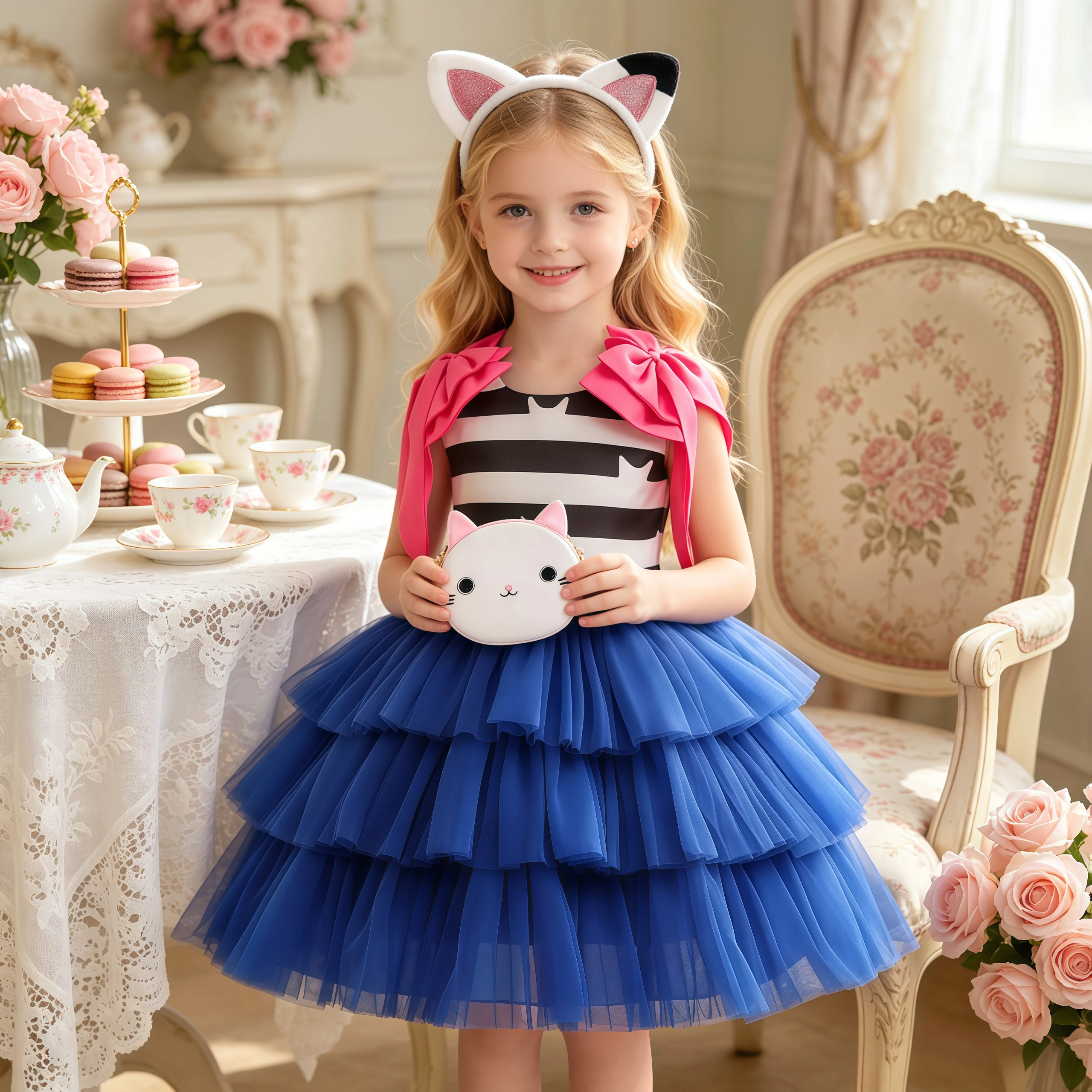 

Kids Girls Cartoon House Costume Cat Big Bow Tulle Layered Tutu Princess Dress Children Carnival Birthday Party Evening Dress Up