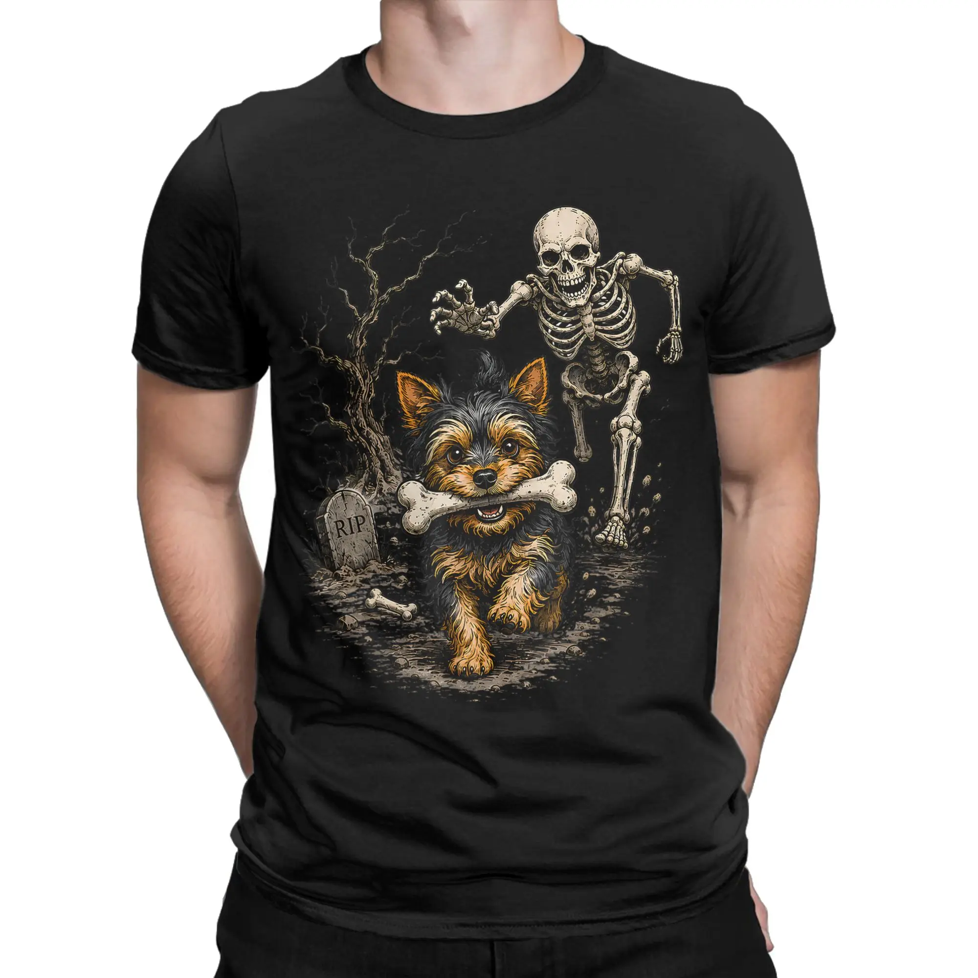 Streetwear T-Shirt Halloween Skeleton Chasing Yorkie Dog Spooky Pet Owner Lover T-Shirts for Mens Short Sleeve Clothing