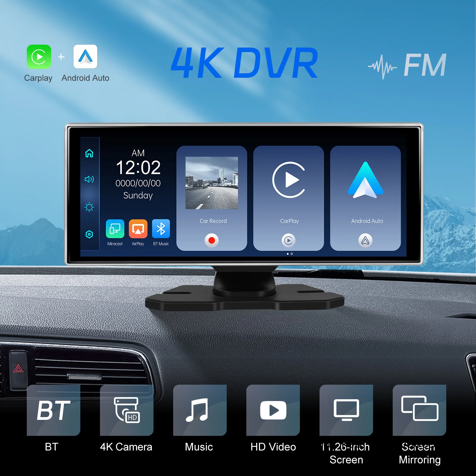 Podofo 11.26'' Portable Wireless CarPlay Android Auto 4K Dual Lens DVR Monitor Car Radio Support Rear Camera for Cars Trucks Van view 4