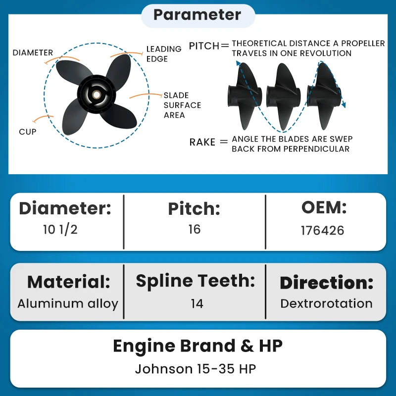 Boat Propeller 10 1/2x16 for BRP,Johnson,Evinrude Outboard 15/20/25/30/35HP Marine Engine 14 Spline Outboard Parts 176426