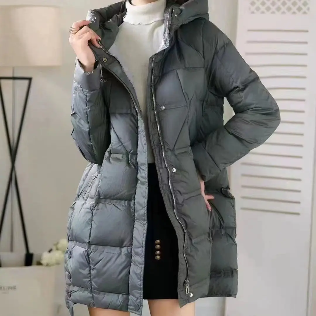 2023 New Arrivasl Women Hooded X-long Korean Slim Fit 90% White Duck Down Jacket Autumn/Winter Warm Female Office Lady Down Coat