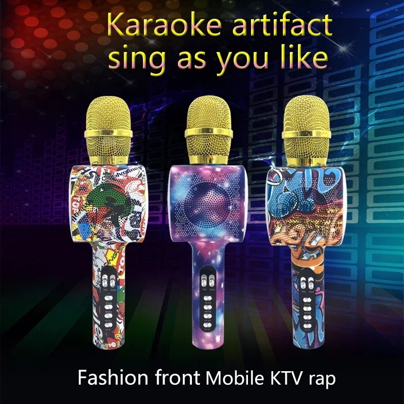 Portable Wireless Karaoke Bluetooth Microphone with LED Light Wireless Microphone Professional Speaker KTV Handheld Cartoon Mic