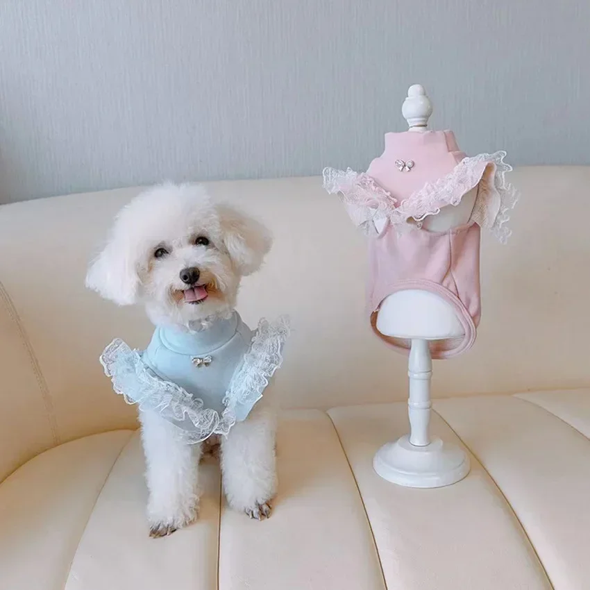 Lace Pet Dog Clothes Puppy T-shirt Winter Base Shirt Lace Flying Sleeves Ladies Base Vest Small Teddy Bear for Small Dogs Coat