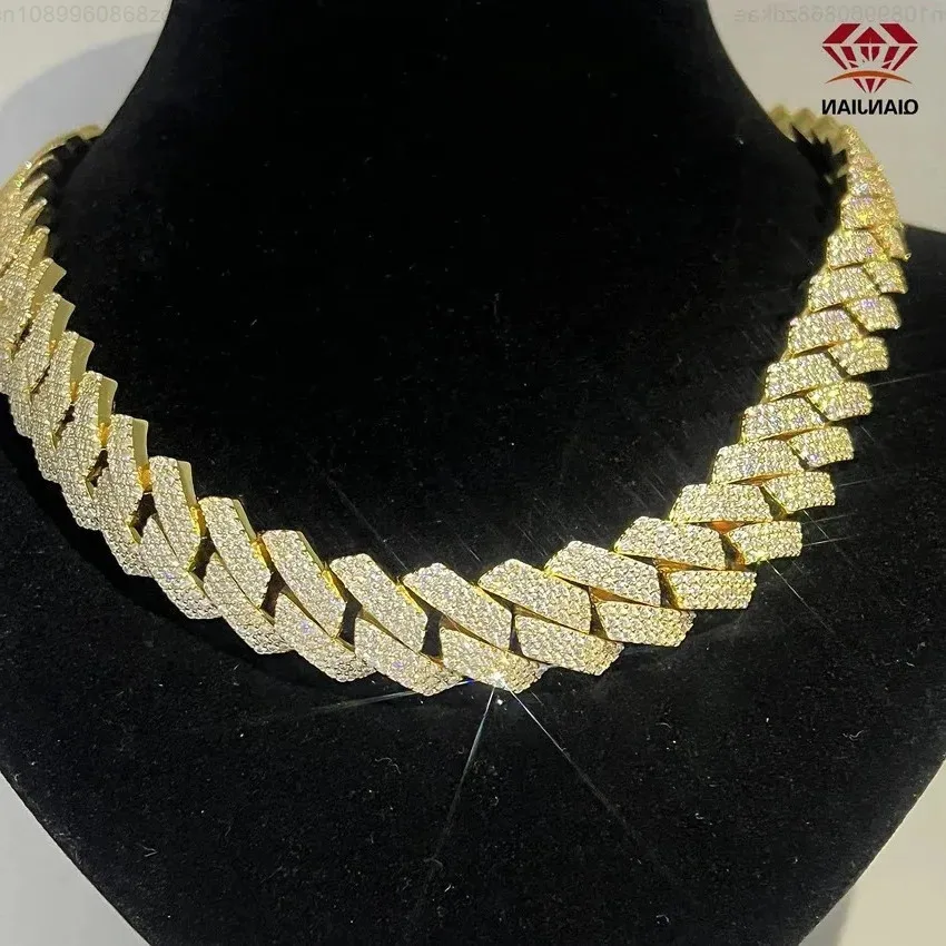 

Цепочка Qianjian Private Label Miami, багетный муассанит, 14-каратное золото 18 карат, 18 мм, 3 ряда, цепочка для звезды рэпера