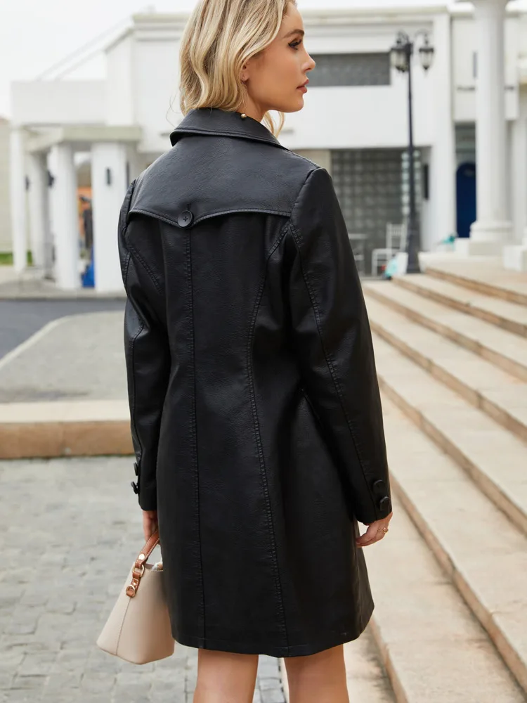 

2024 Elegant England Style Trench Coat Single Breasted Outerwears New In Autumn Winter Fashion Black Long Leather Jacket Women