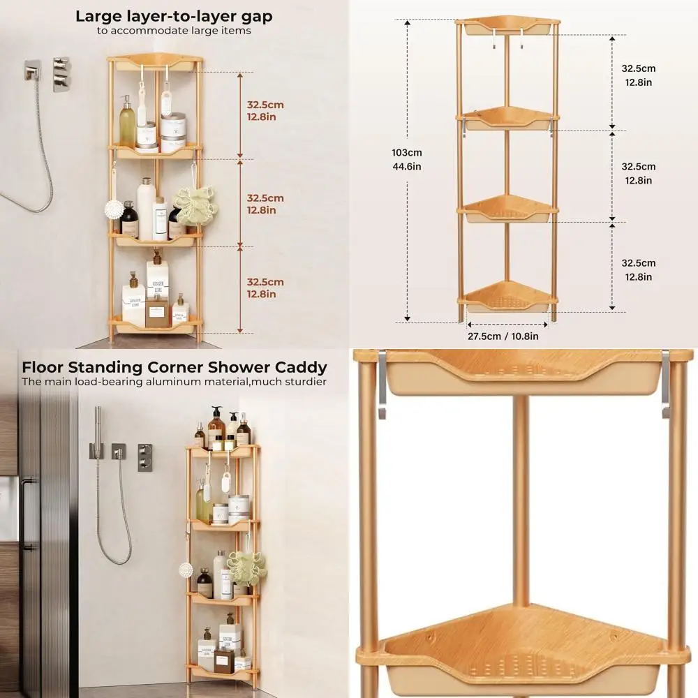 

4-Tier Corner Shower Caddy Organizer, Plastic and Aluminum Floor Shelf Rack, Wood-Grain Finish for Bathroom Storage