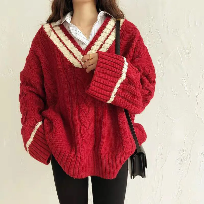 Zoki Oversize Sweet Women Sweaters Long Sleeve V Neck Vintage Lazy Wind Knitted Pullovers Korean Patchwork Casual Loose Jumper