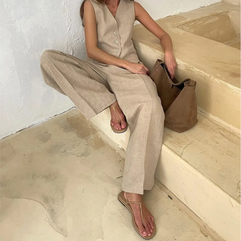 Damskie komplety spodniowe na wiosnę i jesień, jednolite kolory, luźny krój, codzienne, modne komplety spodniowe, topy na szelkach, zapinane na jeden guzik, bluzki i spodnie, dwuczęściowy zestaw.
