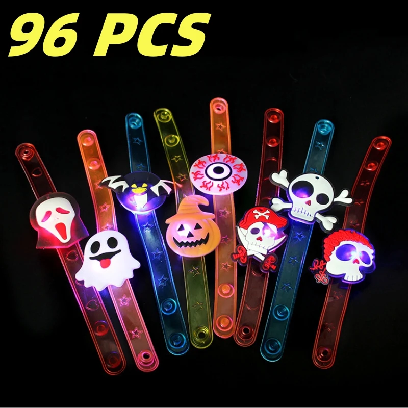 

96PCS Christmas/Halloween Light Up Bracelet LED Flashing Skeleton Bat Pumpkin Halloween Bracelet Party Decoration