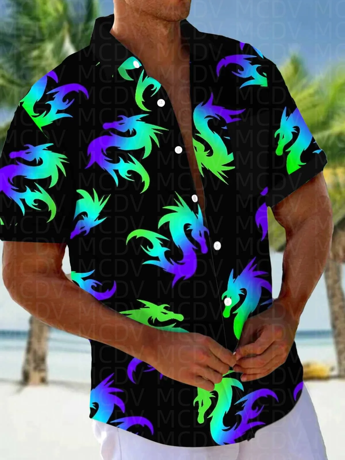 Cute Dargon Pattern Men's Hawaiian Shirt Stretch Easy Care Camp Shirt Big Tall