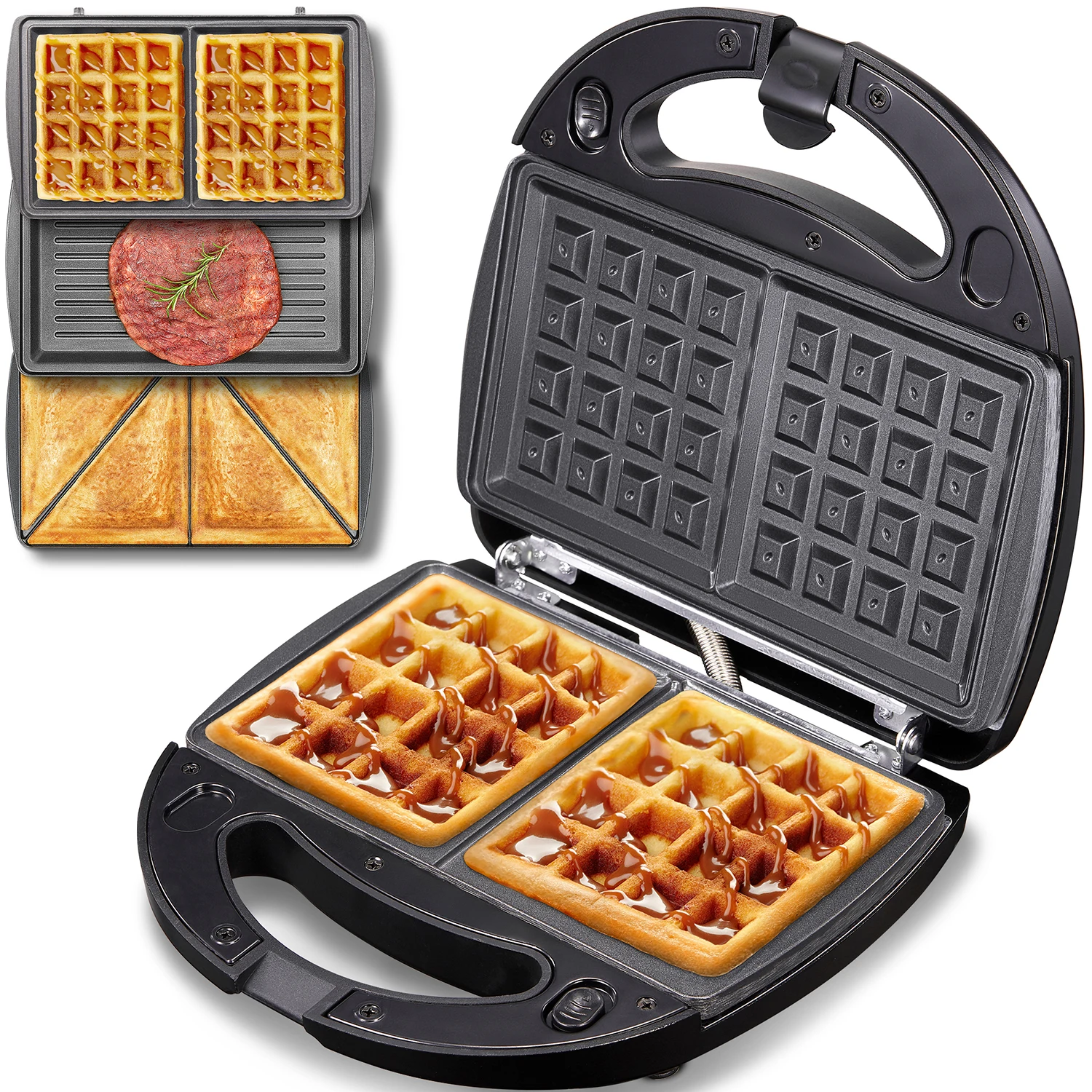 Yabano Sandwichmaker 3 in 1 (Waffeleisen Sandwichtoaster Kontaktgrill), 3 Abnehmbare Platten, Antihaftbeschichtung