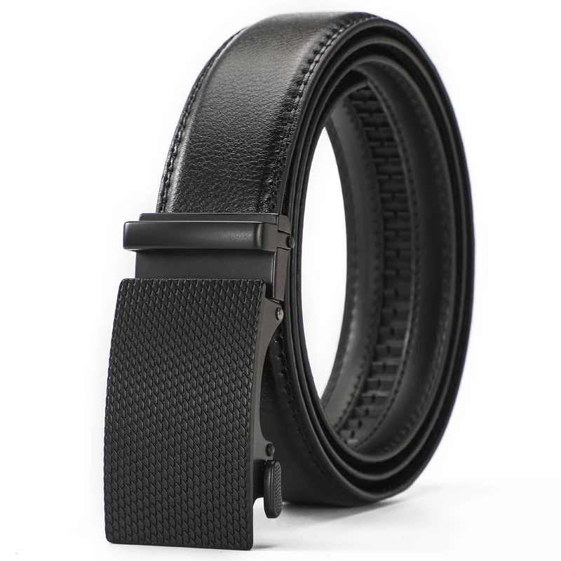 Quality Man's genuine leather ratchet belt, fashionable and convenient automatic button black lychee grain, suitable for busines