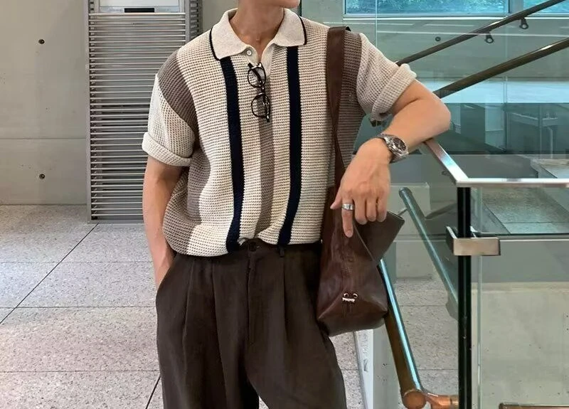 

Summer Knitted Short-sleeved Men's Niche Loose Hollow POLO Shirt Trendy Striped Top