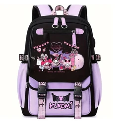 Piękny Kuromi Melody plecaki USB Cartoon fioletowy nadruk chłopiec dziewczęta tornister studenci Bookbag nastolatki kobiety Mochila Escolar Niña