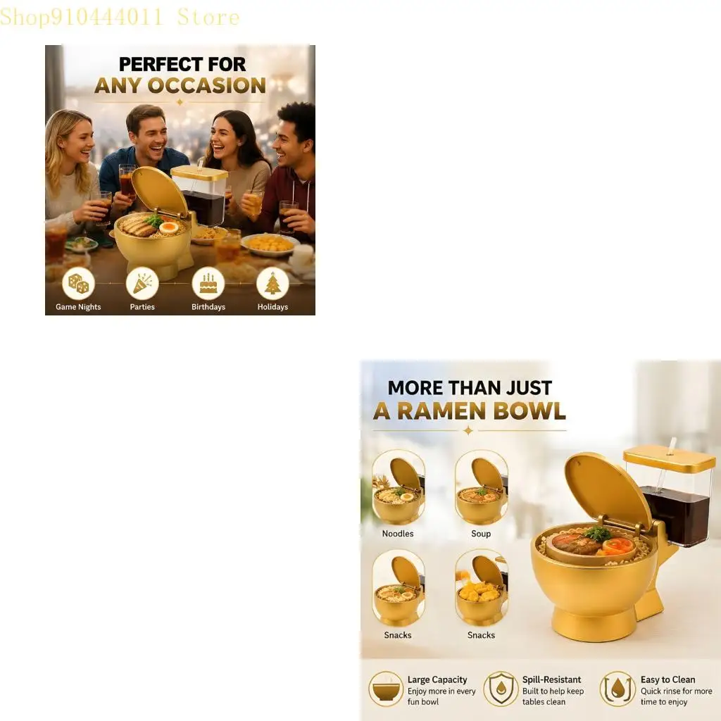 Creative Golden Toilet Shape Noodle Bowl And Cup Set Novelty Funny Tableware Household Dining Accessory Holiday Gag Gift