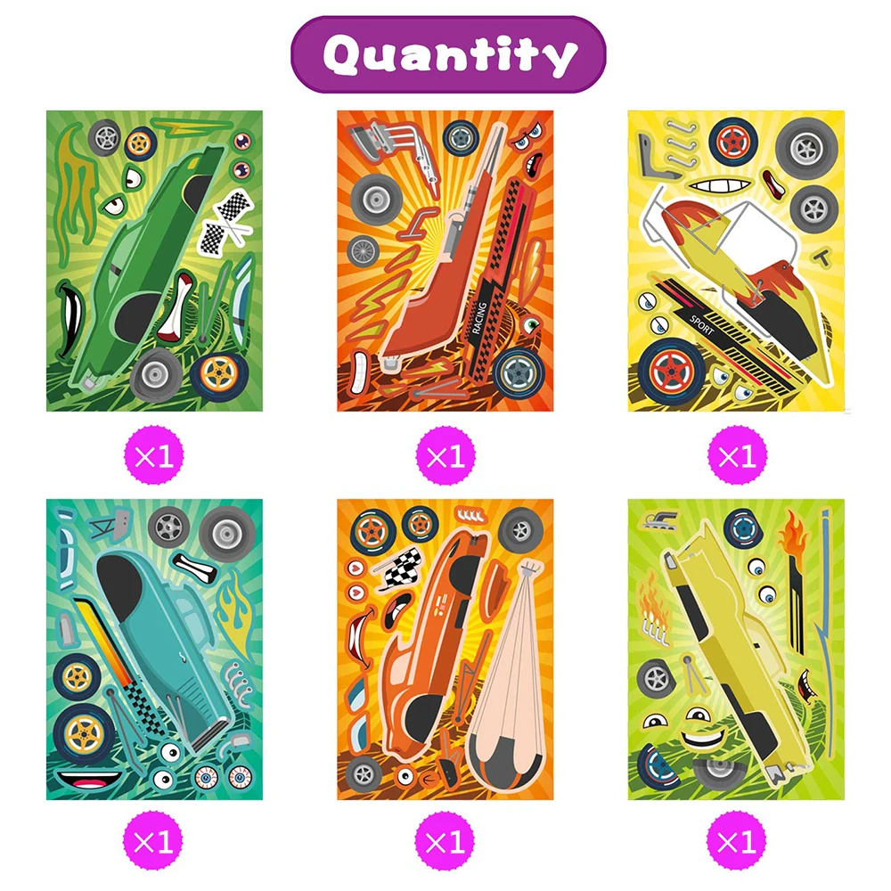 6/12Sheets DIY Race Car Puzzle Stickers For Kids Make a Face Game Children Cool Assemble Jigsaw Boys Girls Education Toys Gift