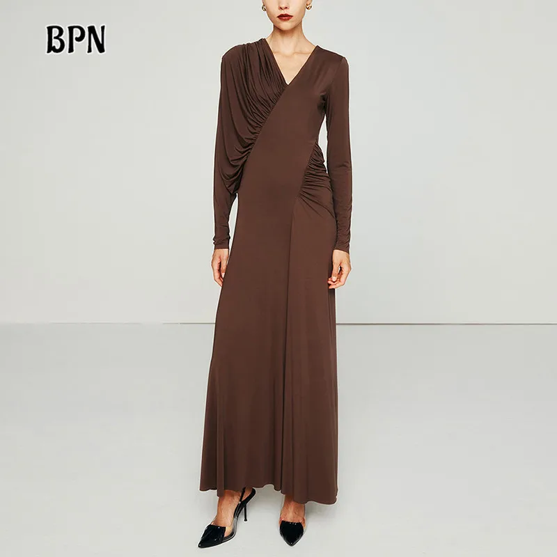 BPN Vintage Elegant Dresses For Women V Neck Long Sleeve High Waist Patchwork Folds Solid Slimming Casual Dress Female Clothing