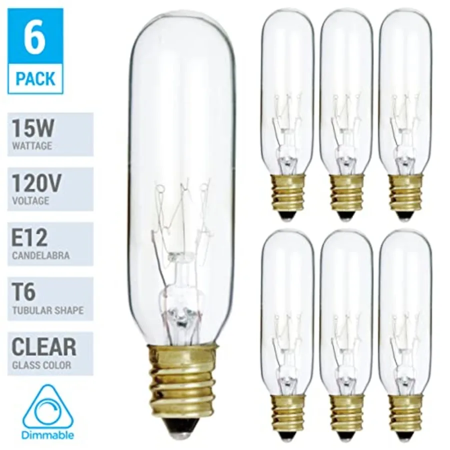 Pack of 6 15T6/CL - 15 Watt T6 Clear Tubular - 120V - Candelabra (E12) Base - Incandescent Light Bulb