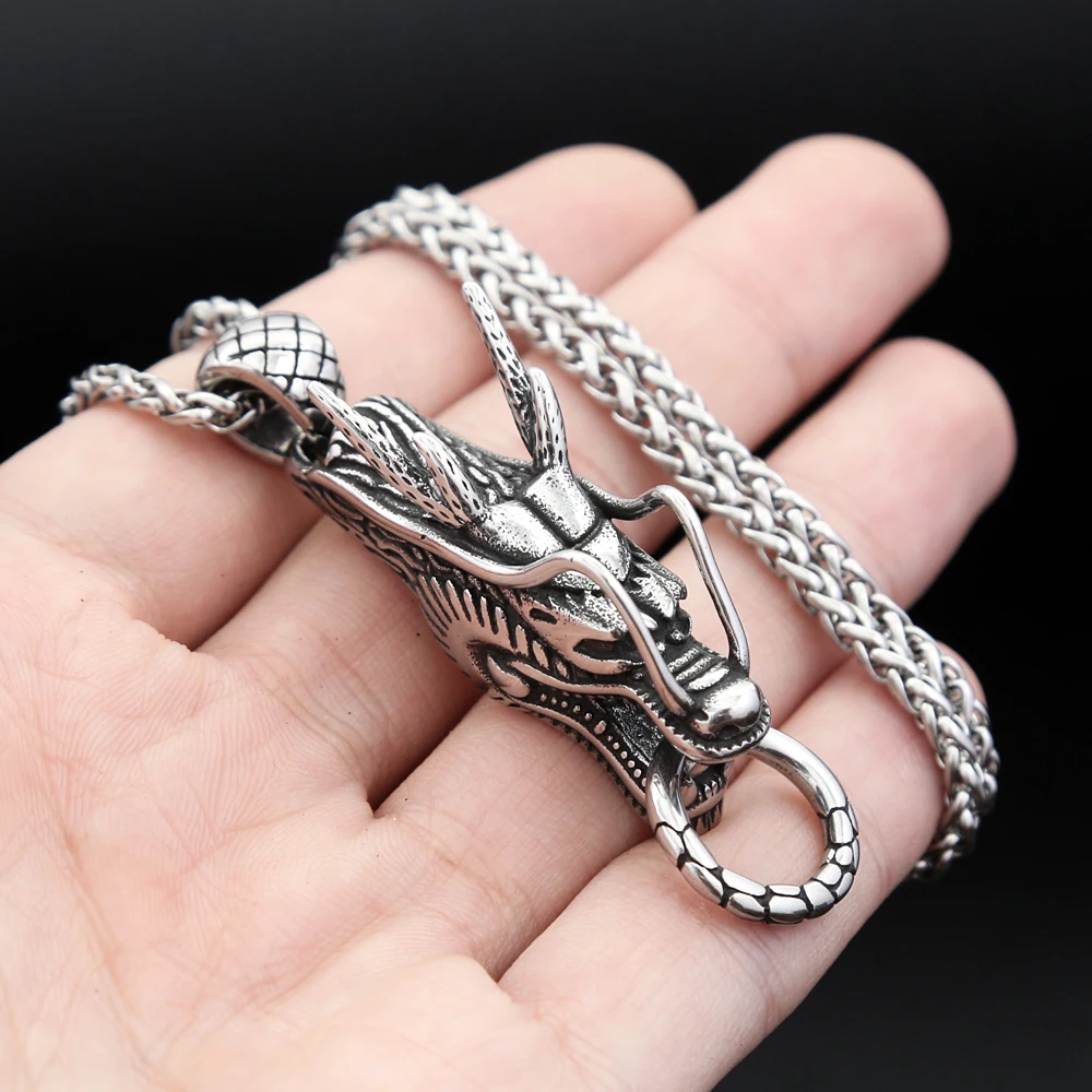 Punk Vintage Silver Color Dragon Head Pendant Necklaces for Man Stainless Steel Fashion Animal Necklace Amulet Jewelry Wholesale