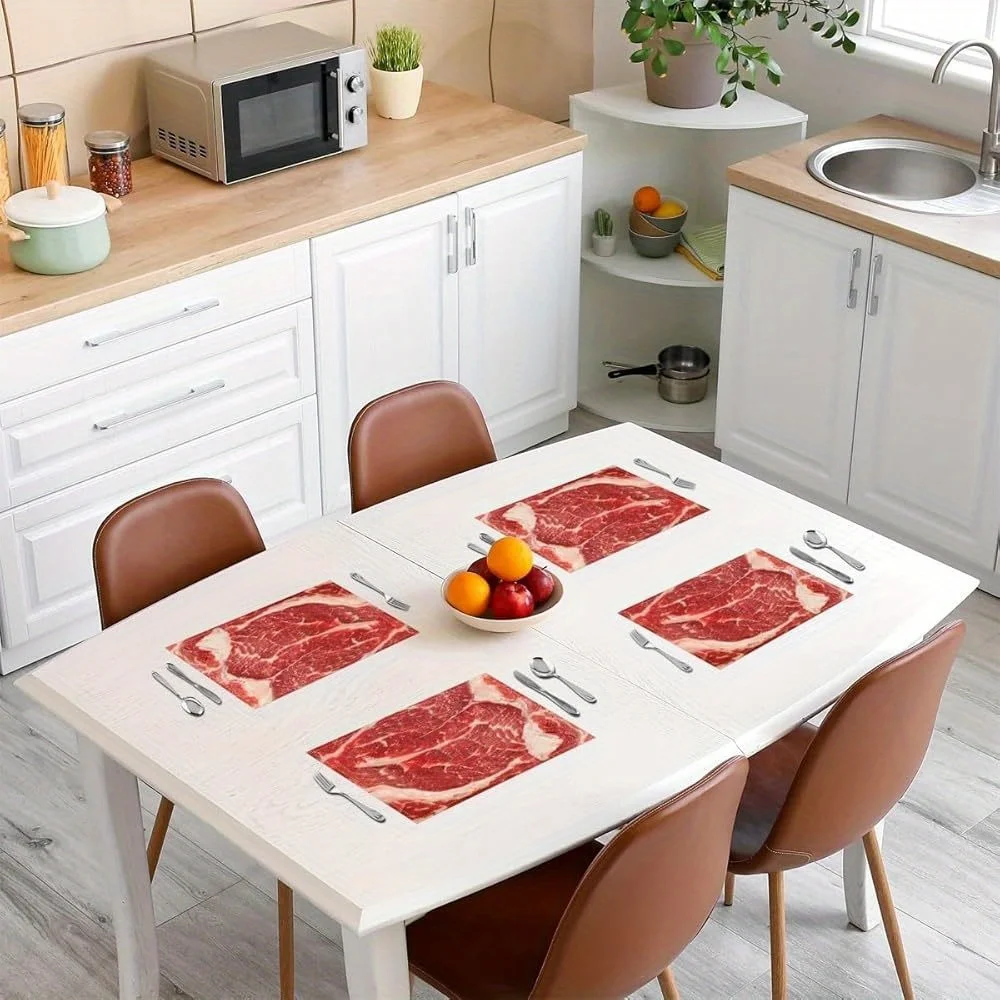 4‑Pieces Raw Beef Food Theme Placemat Set, 2D Printed Easy‑to‑Clean Mats for Indoor Outdoor Home Room Decor