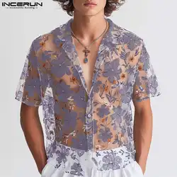 INCERUN Men's Shirt Flower Printing Lapel Short Sleeve Summer Transparent Men Clothing Streetwear 2024 Fashion Casual Camisas