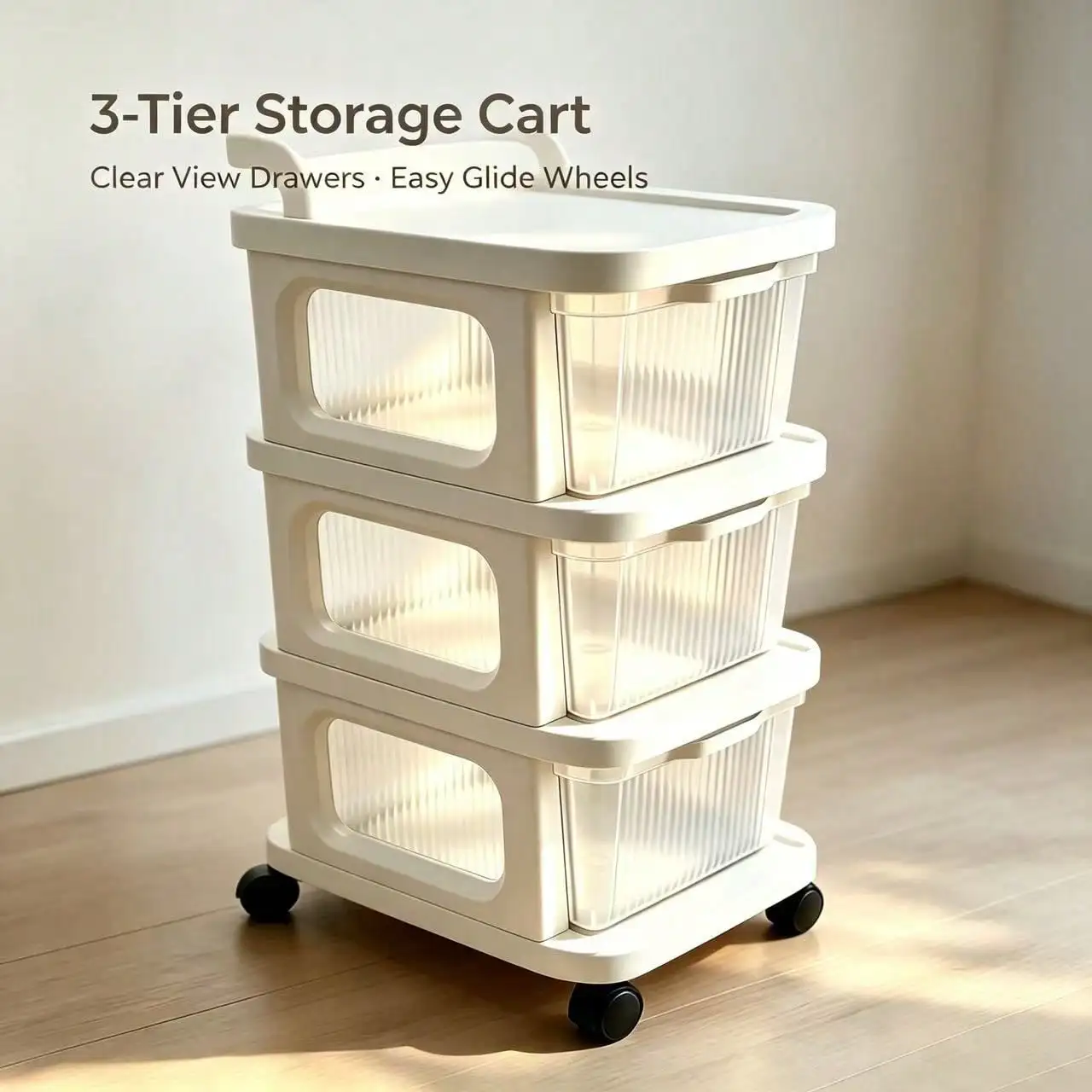 3‑Tier Rolling Storage Cart With Transparent Drawers, Mobile Wheeled Plastic Trolley With Handle, Multi‑Drawer Organizer For Toys, Stationery, Cosmetics, Bedroom, Office, Bathroom Home Storage