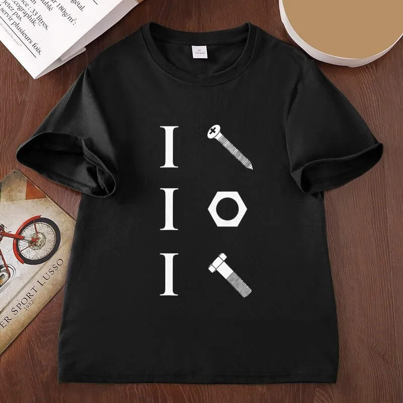 Funny Mechanic Screw Nut Bolt Back Printed T‑Shirt Handyman Graphic Cotton Tee Man Short Sleeve Printed Tshirts Streetwear