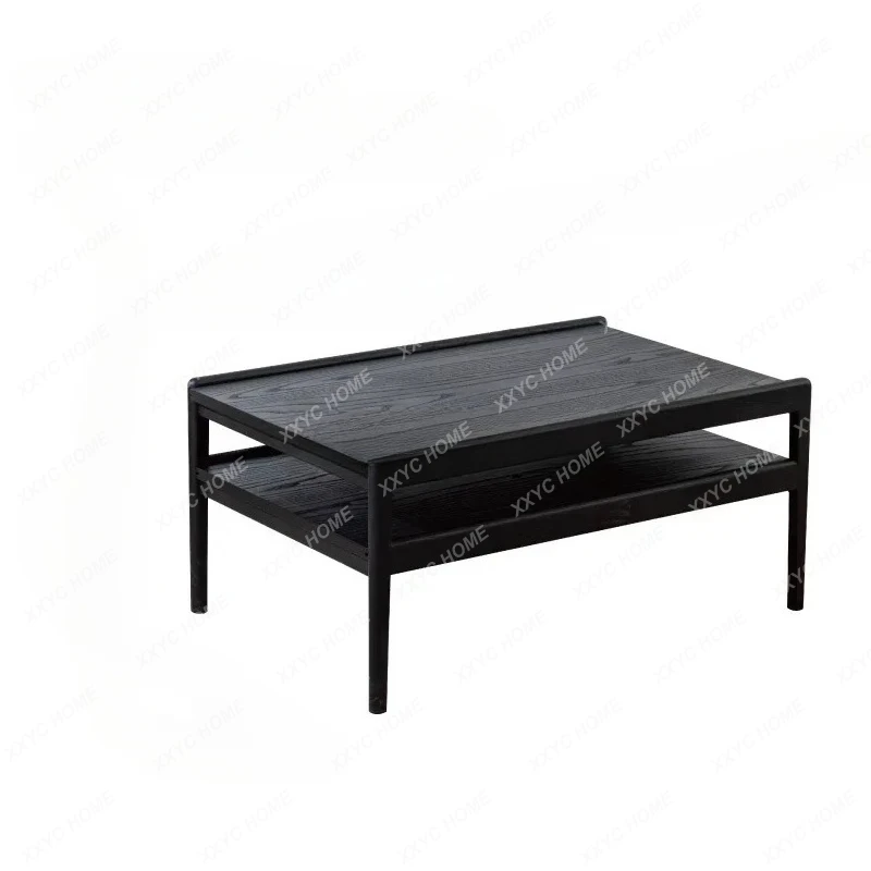 QQOriginal black coffee table dining table dual-purpose two-in-one double-layer retractable ash wood sticker leather retro