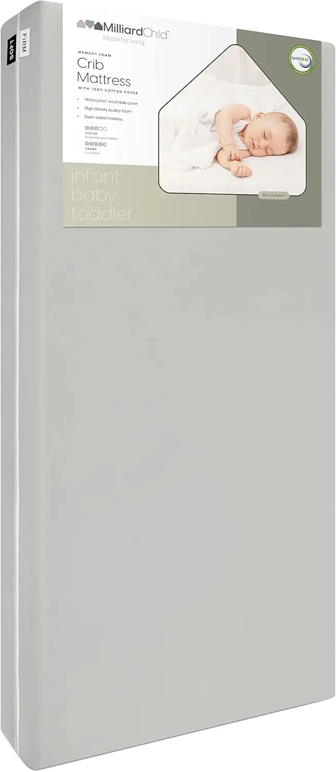 

Матрас для детской кроватки из пены с эффектом памяти, новое поколение, технологичный, жесткая сторона для младенцев и мягкая сторона для малышей - чехол 100% хлопок, сделано в