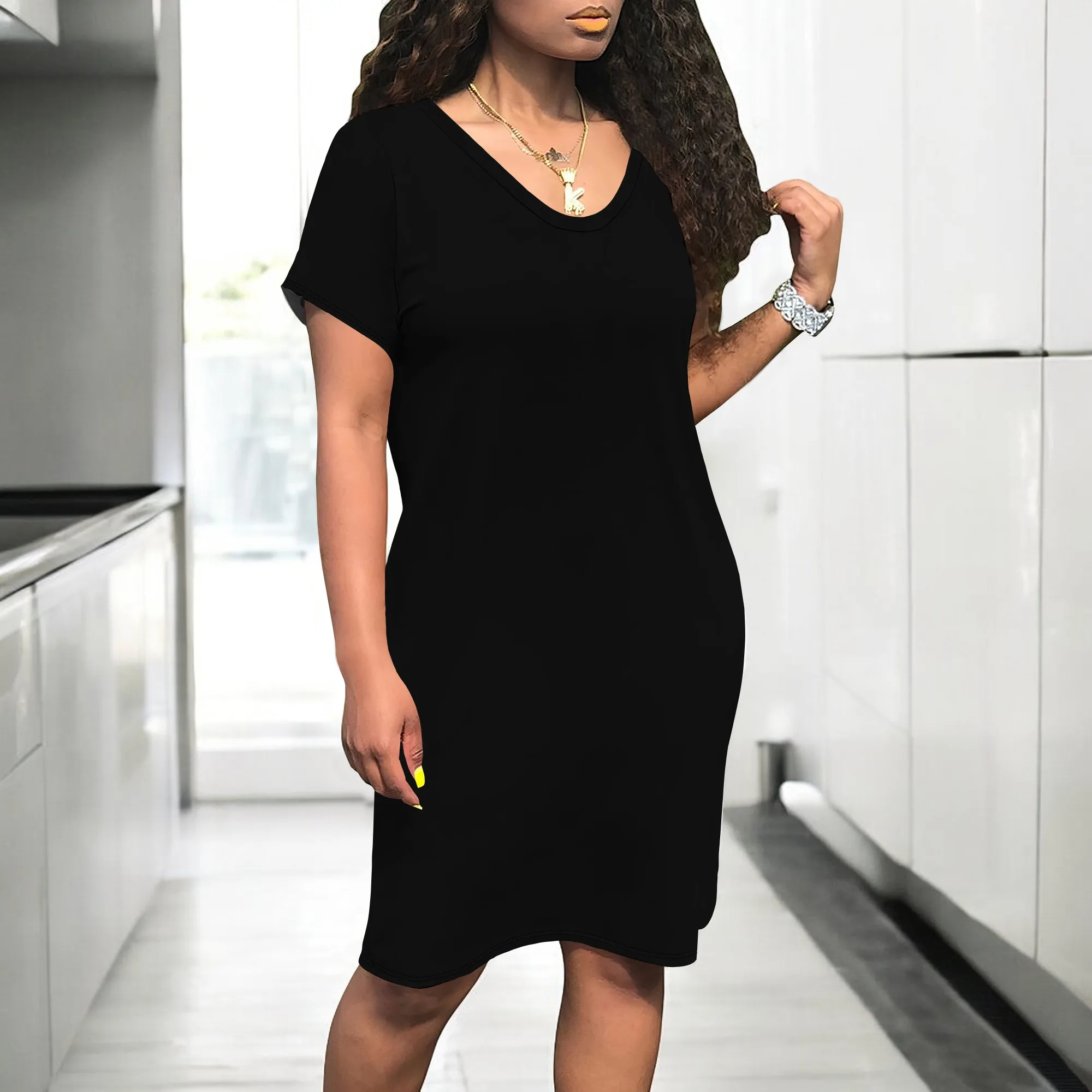 Damskie letnie sukienki T-shirt 2025 wiosenne z krótkim rękawem, dekolt w serek, luźne, codzienne, krótkie sukienki wakacyjne, piżamy z kieszeniami.