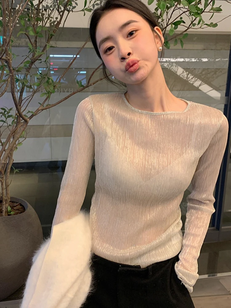 

Весенний пуловер с круглым вырезом и серебряной нитью, женские новые топы, свитера, рубашка с длинным рукавом, корейская мода, облегающая уличная одежда, повседневный топ