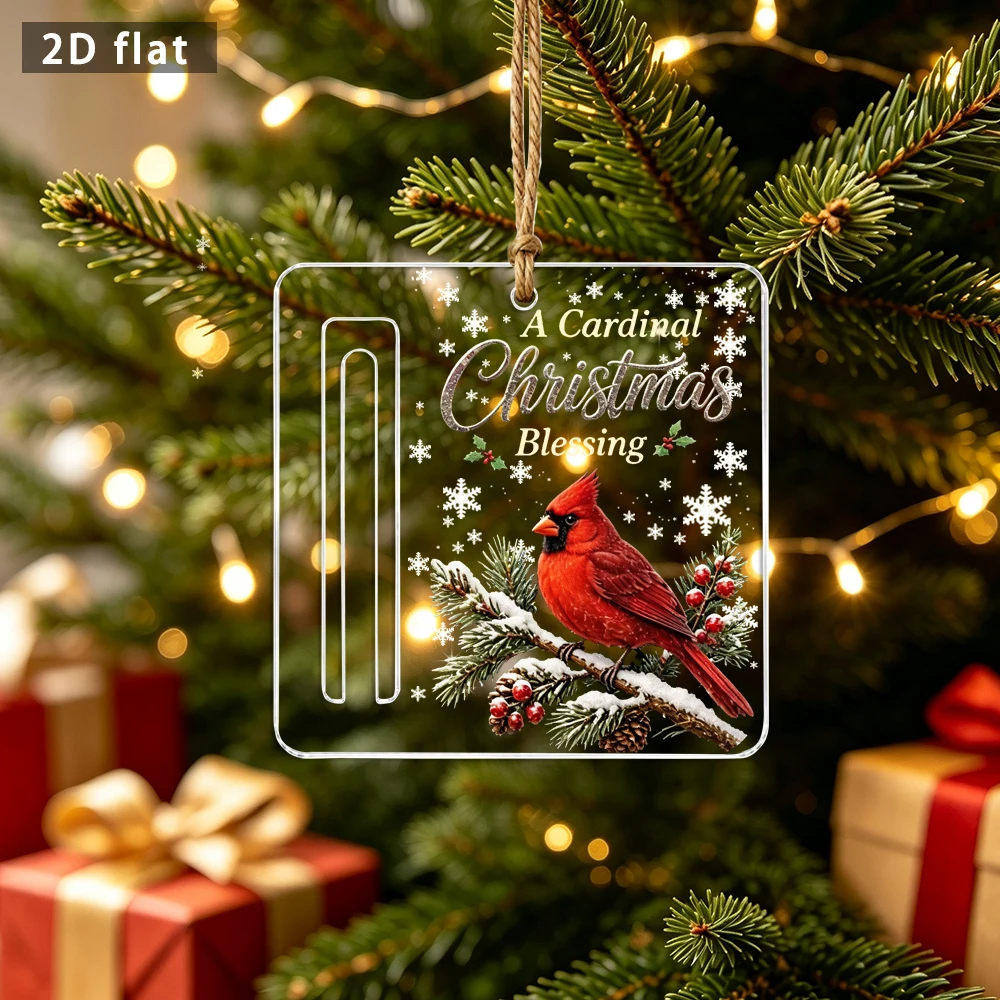 Christmas Acrylic Cash Holder Plaque, 2D Flat Cardinal Bird Hanging Ornament for Xmas Tree Holiday Gift Decor