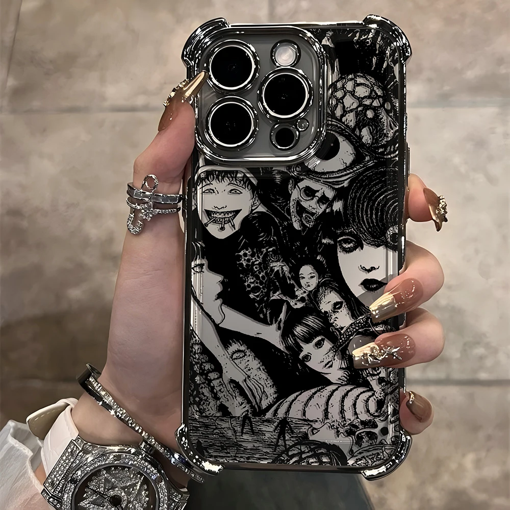 Junji Ito horror Hot comics Plating Case For iPhone 16 15 14 13 12 11 Pro Max X XR XSMax 7 8 6 Plus Anti-Fall Airabag Back Cover