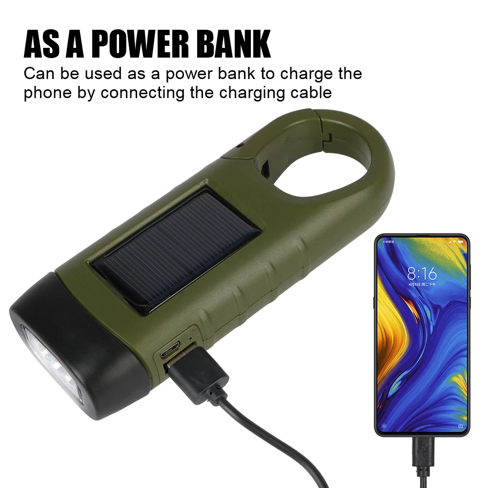 Solar Flashlight Power Bank Survival Gear LED Flashlight For Fishing Boating Hiking Emergency Hand Crank Dynamo Rechargeable